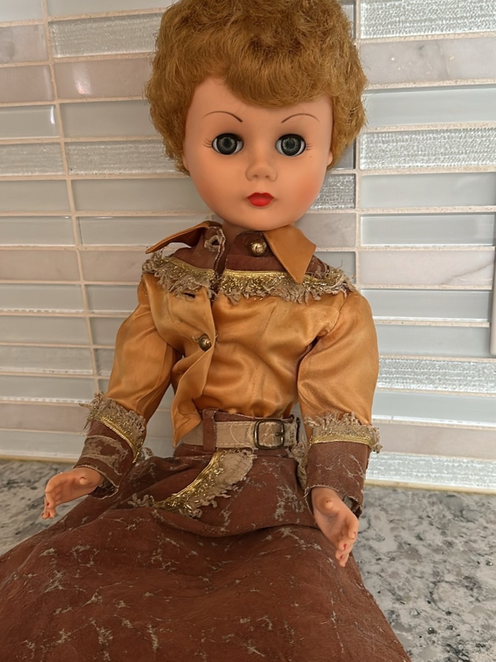 Vintage-Style Brown and Gold Western Doll for Kids